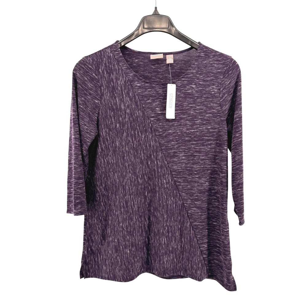 NEW Chico's Asymmetrical Seam Top Women 2/Large Purple Space Dye 3/4 Sleeve Knit